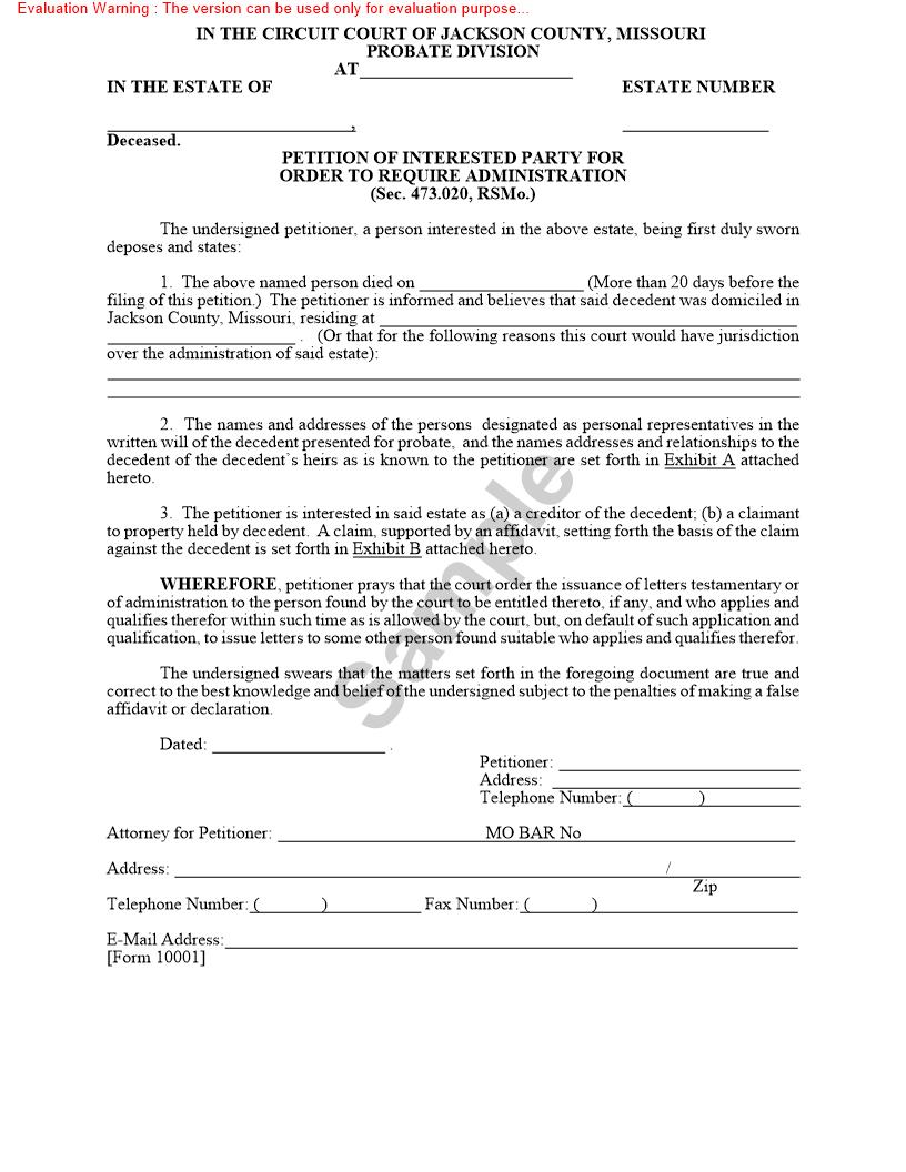 Petition Of Interested Party For Order To Require Administration {10001} | Pdf Fpdf Doc Docx | Missouri