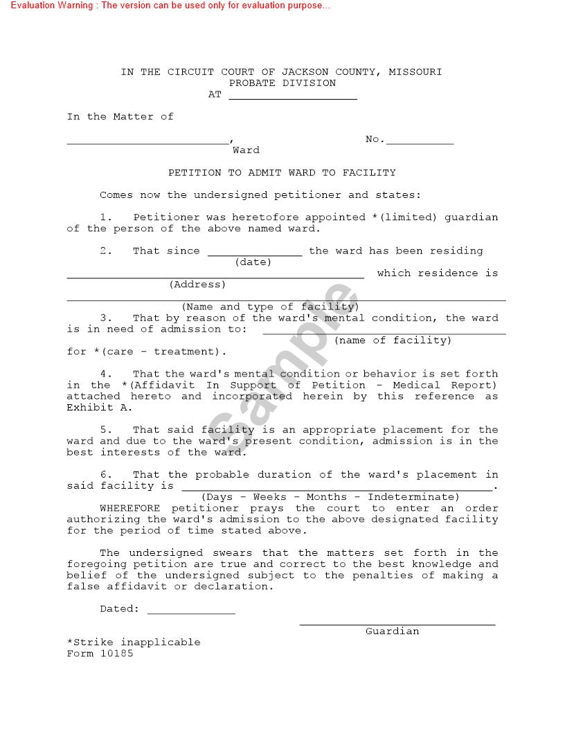 Petition To Admit Ward To Facility {10185} | Pdf Fpdf Doc Docx | Missouri