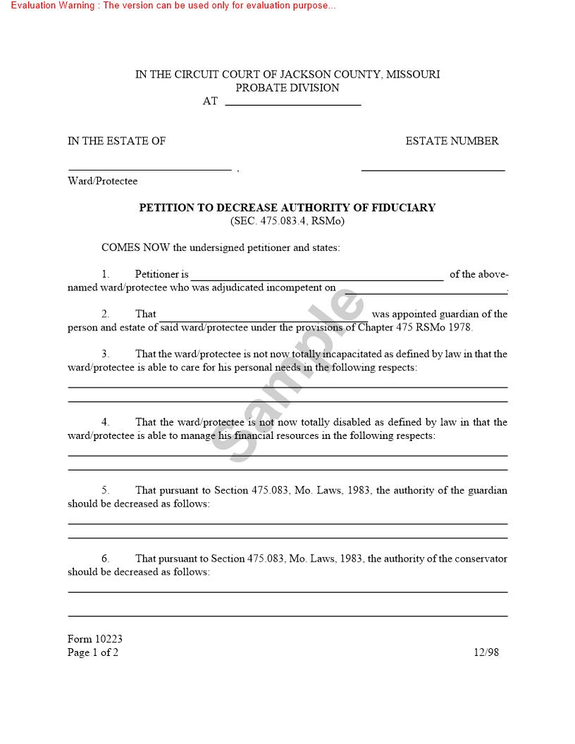 Petition To Decrease Authority Of Fiduciary {10223} | Pdf Fpdf Doc Docx | Missouri