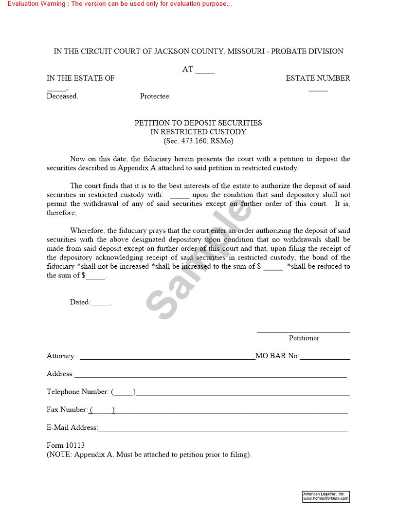 Petition To Deposit Securities In Restricted Custody {10113} | Pdf Fpdf Doc Docx | Missouri