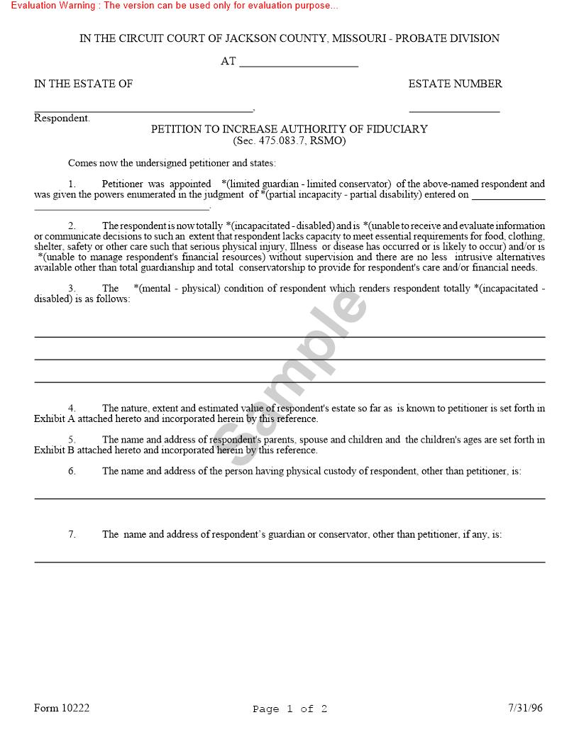 Petition To Increase Authority Of Fiduciary {10222} | Pdf Fpdf Doc Docx | Missouri