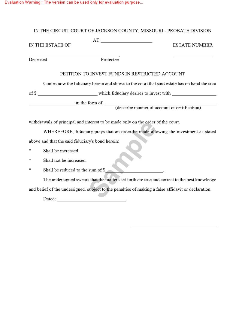 Petition To Invest Funds In Restricted Account {10530} | Pdf Fpdf Doc Docx | Missouri