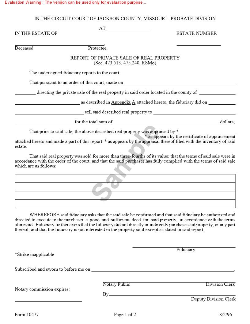 Report Of Private Sale Of Real Property {10477} | Pdf Fpdf Doc Docx | Missouri