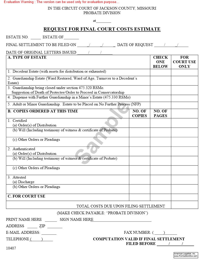 Request For Final Court Costs Estimate {10407} | Pdf Fpdf Doc Docx | Missouri