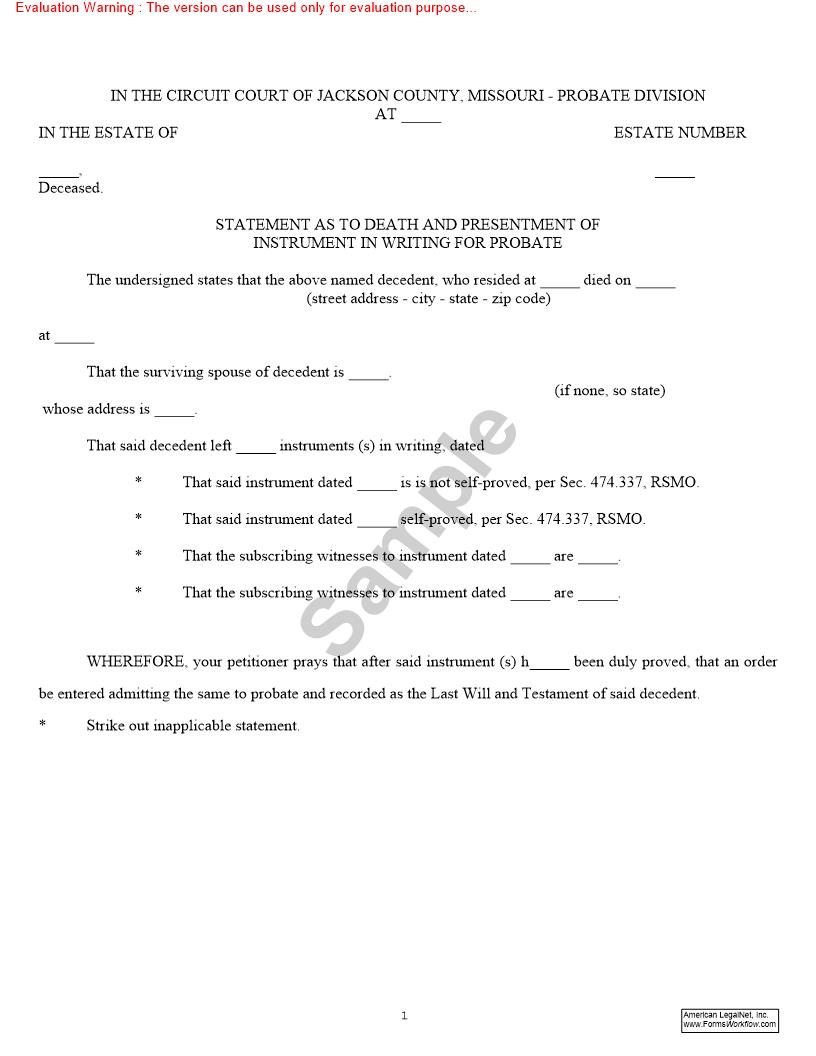 Statement As To Death And Presentment Of Instrument In Writing For Probate {10050} | Pdf Fpdf Doc Docx | Missouri