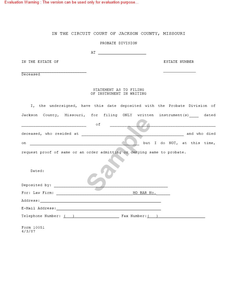 Statement As To Filing Of Instrument In Writing {10051} | Pdf Fpdf Doc Docx | Missouri