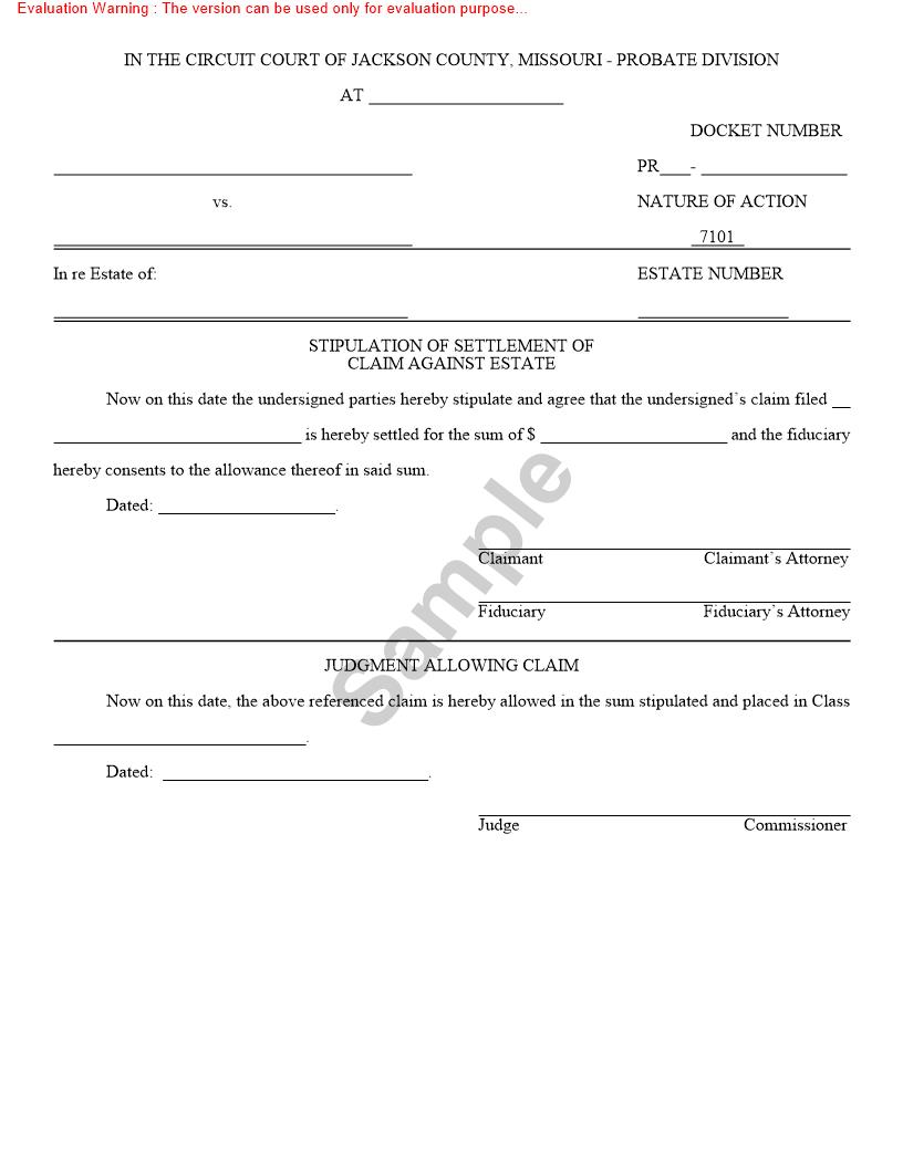 Stipulation Of Settlement Of Claim Against Estate {10143} | Pdf Fpdf Doc Docx | Missouri