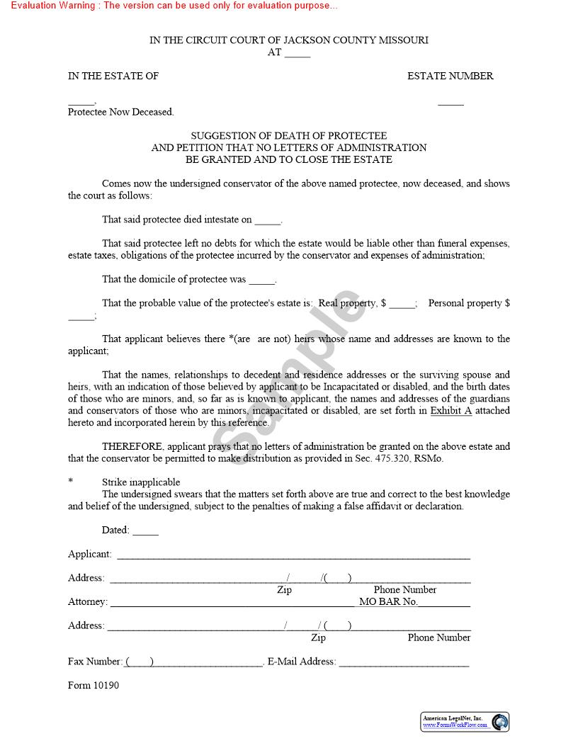 Suggestion Of Death Of Protectee And Petition That Letters Of Administration Be Granted {10190} | Pdf Fpdf Doc Docx | Missouri