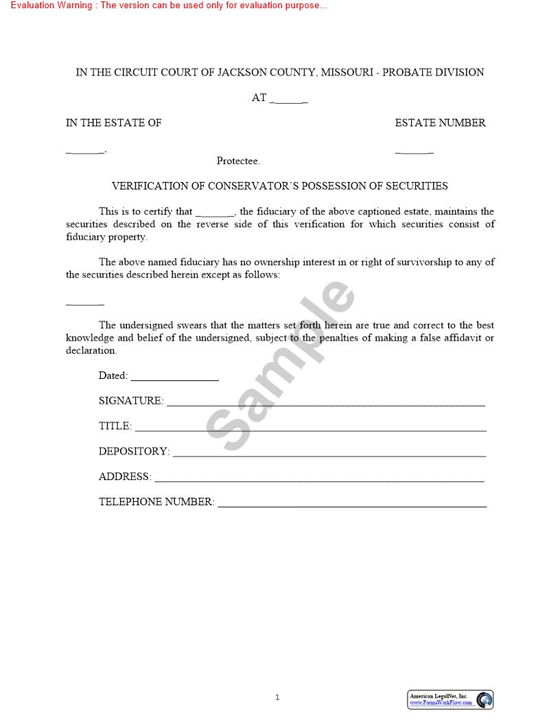 Verification Of Conservators Possession Of Securities {10535} | Pdf Fpdf Doc Docx | Missouri