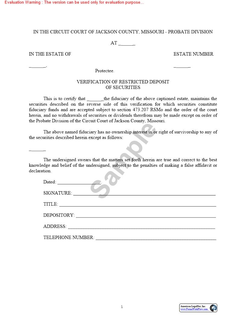 Verification Of Restricted Deposit Of Securities {10533} | Pdf Fpdf Doc Docx | Missouri