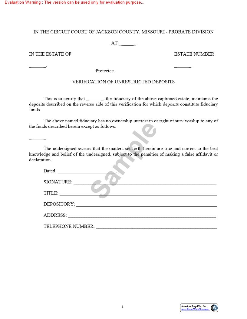 Verification Of Unrestricted Deposits {10534} | Pdf Fpdf Doc Docx | Missouri