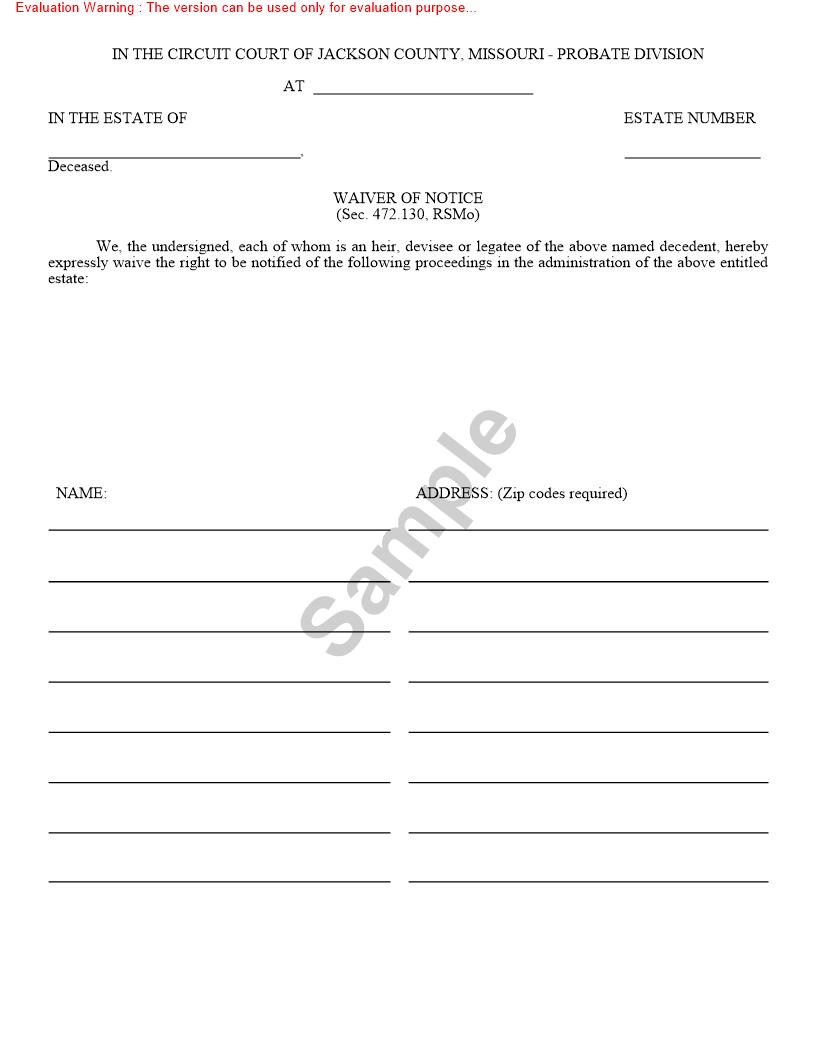 Waiver Of Notice {10368} | Pdf Fpdf Doc Docx | Missouri