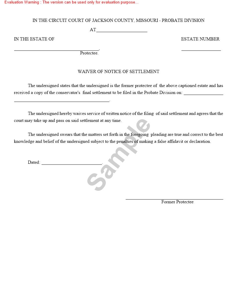 Waiver Of Notice Of Settlement {10330} | Pdf Fpdf Doc Docx | Missouri